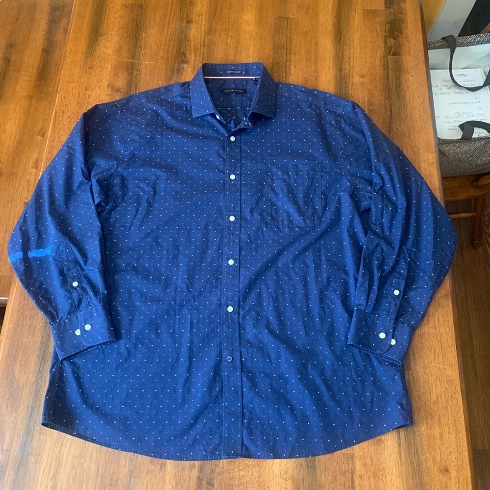 Tommy Hilfiger XL Button Down Shirt Navy with Polka Dots Long Sleeve 100% Cotton